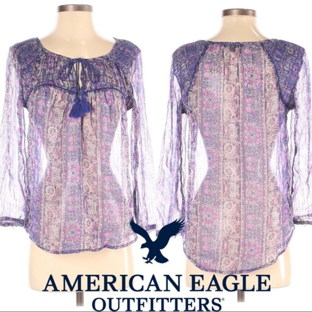 American Eagle Purple Sheer Boho Peasant Top XS